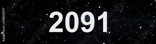 Happy new year 2091 countdown animation with glowing typography, cosmic space particles, Modern minimal black background, Futuristic celebration motion graphics.