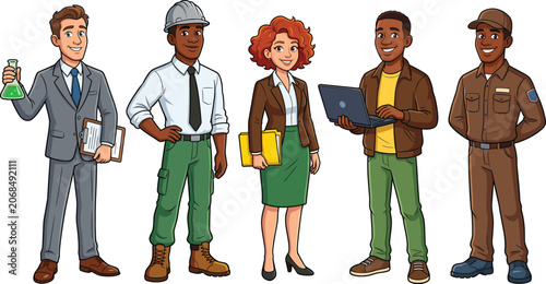 Diverse professionals character set, scientist engineer businesswoman tech worker delivery man, vector illustration