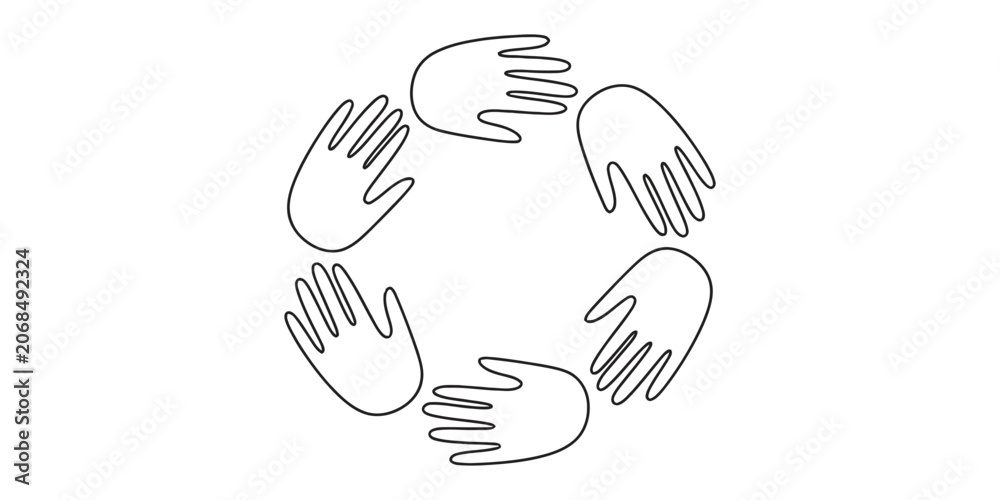 Fototapeta premium Circle of human hands reaching towards the center in a simple line art style