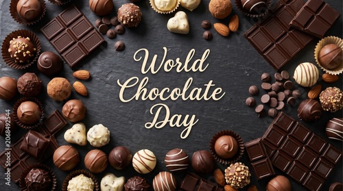 Assortment of fine chocolates and cocoa on dark background, celebrating world chocolate day

