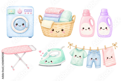 Cute kawaii laundry watercolor clipart set with washing machine, laundry basket, iron, and hanging clothes, housekeeping illustrations set