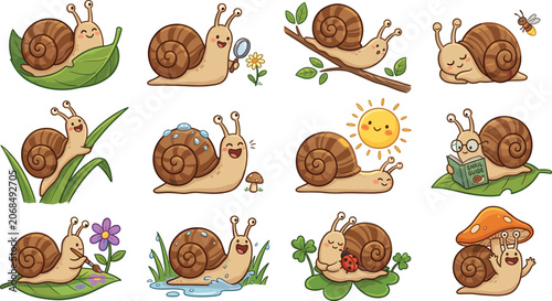 Cute cartoon snails set, vector illustration of funny garden snail characters exploring nature elements
