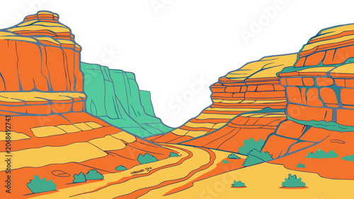 Cuadro en lienzo Colorful stylized canyon landscape illustration with steep rock formations and d