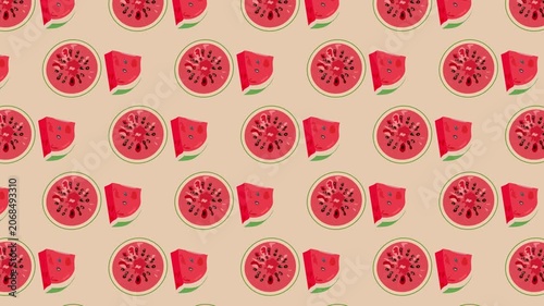 Watermelon slices seamless pattern, red fruit stop motion animation on beige background