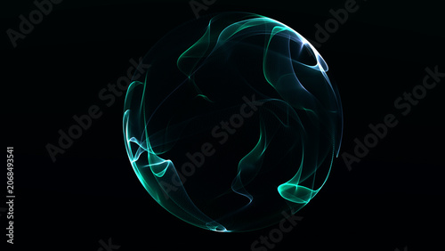 Emerald and cyan membranes form a translucent energy orb on black, creating a futuristic visualization for neural networks, scientific research, data, and communication.