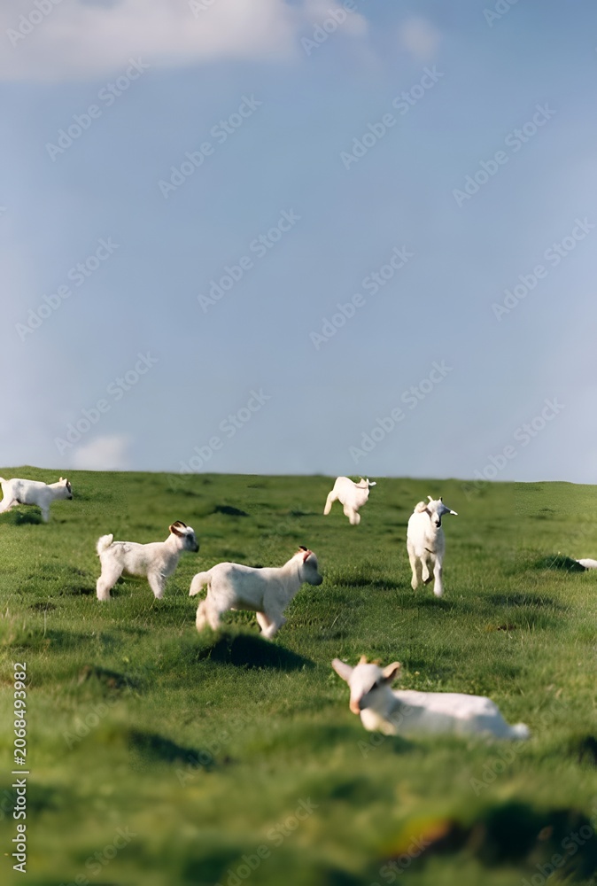 Fototapeta premium Group of White Baby Goats Running and Playing on Green Grassy Hillside Under Blue Sky, Cute Farm Animal Nature Photography