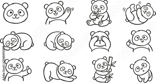 Foto cute panda bear icons, black line art, vector illustrations, emoticon faces