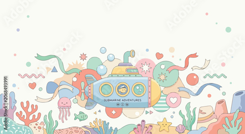 This pastel vector depicts a cute submarine named Submarine Adventures surrounded by coral reefs, fish, jellyfish, and whimsical abstract shapes.