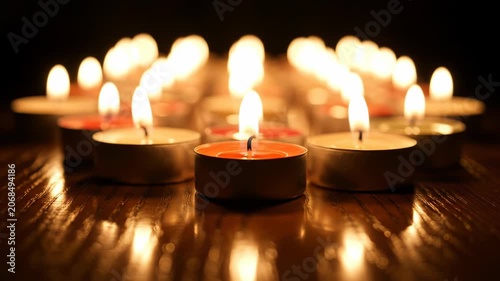 Close-up of numerous lit tea light candles in metal cups arranged on a dark polished wood surface with bright flame reflections and soft bokeh background in low light.