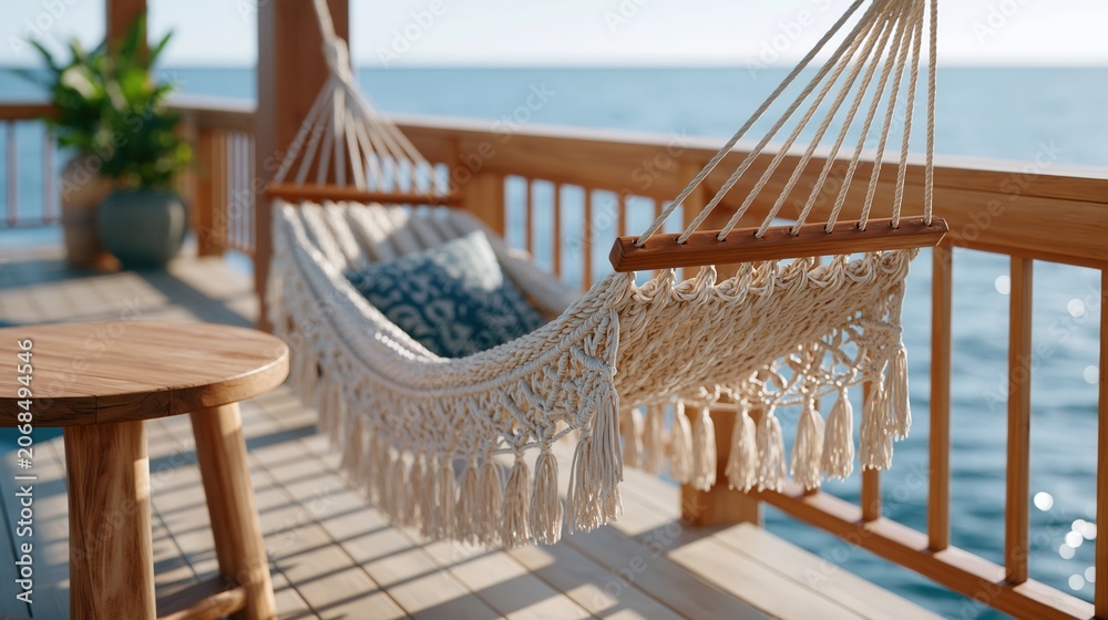 Fototapeta premium Relaxing macrame hammock on a wooden deck overlooking the tropical sea