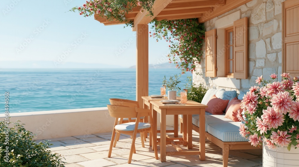 Fototapeta premium Beautiful mediterranean seaside cafe terrace with empty wooden table and sea view