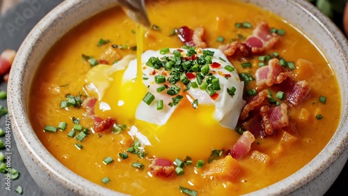 Close-up of a metal spoon holding a poached egg with a runny yellow yolk dripping into a bowl of pumpkin soup topped with crispy bacon bits and chives on a rustic wooden table.