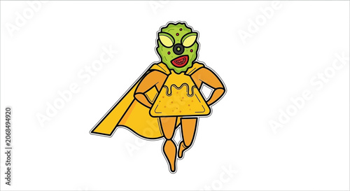 Funny Cartoon Alien Superhero Flying with Cape and Mask, Comic Character