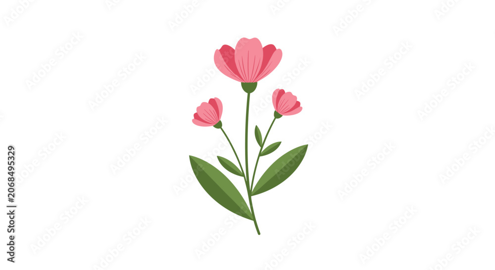 Fototapeta premium Simple pink flower illustration with green leaves and stems isolated on a white background for spring floral design projects.
