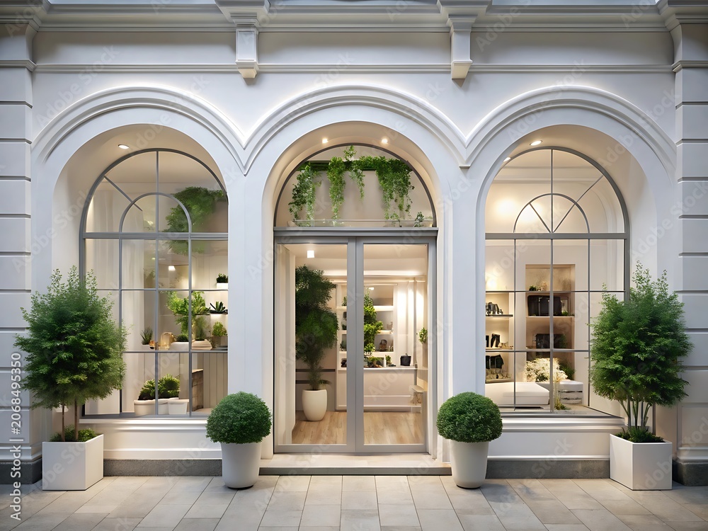 Fototapeta premium Classic European shop facade with arched windows and lush greenery storefront retail