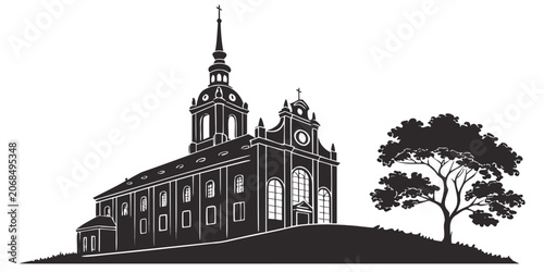 Photos Silhouette illustration of a classic stone church building with a steeple and a