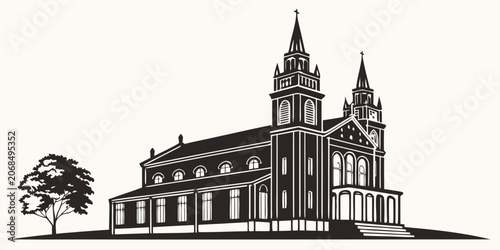 Konstfotografi Minimalist silhouette graphic of a traditional church building with steeples and