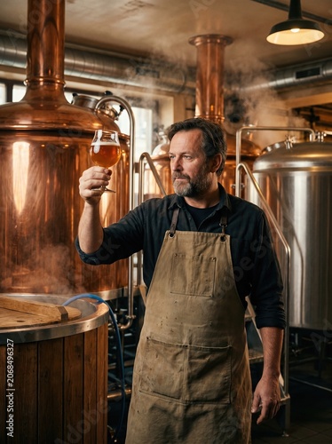 Artisan Micro Brewery Master Checking Beer Clarity in Copper Vat Facility