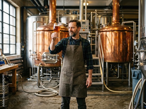 Artisan Micro Brewery Master Checking Beer Clarity in Copper Vat Facility