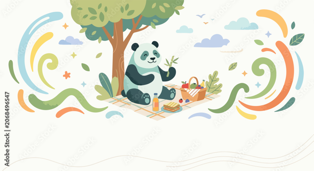 Fototapeta premium A happy cartoon panda sits on a picnic blanket under a leafy tree, enjoying snacks and fresh air amidst colorful, whimsical swirls and nature.