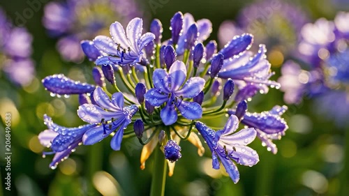 Beautiful blue agapanthus flowers covered in morning dew drops