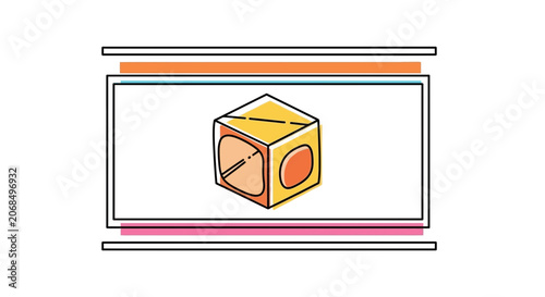 Abstract geometric cube with colorful lines on white background, minimalist illustration
