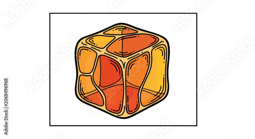 Abstract geometric cube with organic cell-like interior, vibrant orange and yellow hues
