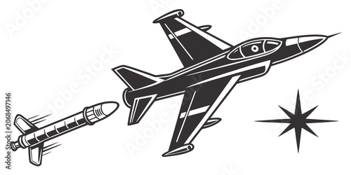 Military jet fighter aircraft launching guided missile illustration with aircraft warplane aviation military supersonic strategic aerospace technology illustration isolated tactical