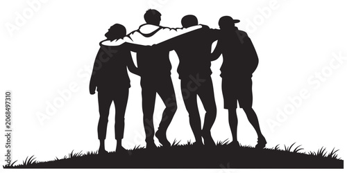 Fotografia Group of four young friends standing together with arms around shoulders silhoue