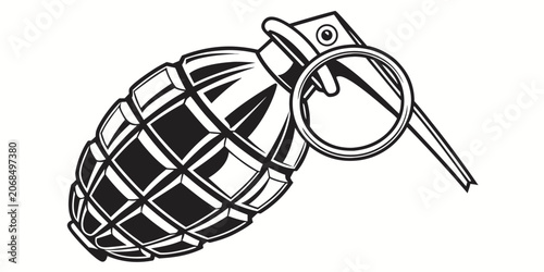 Cuadro en lienzo Detailed black and white illustration of a military hand grenade with military e