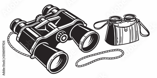 Tableau sur toile Set of field binoculars and portable case accessory with binoculars exploration