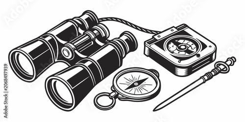 Cuadro en lienzo Vintage binoculars and navigational compass tool set illustration with binocular