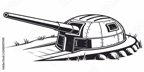 Heavy artillery defensive turret installation with artillery military fortification security historical structure fortress strategy protection landscape illustration monochrome isolated