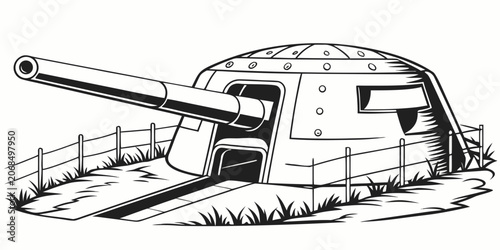 Black and white illustration of a heavy coastal defense artillery cannon in a bunker fortification with military base artillery fortification military weaponry concrete emplacement silhouette