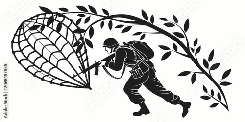Foto Black and white silhouette illustration of a soldier in combat gear caught in a