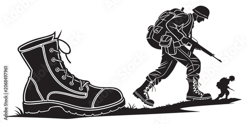 Black and white artistic concept illustration of a soldier walking past a giant military boot with military infantry tactical perspective illustration silhouette training equipment uniformed