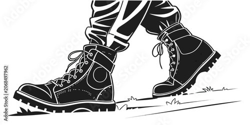 Billede på lærred Black and white graphic of military style boots walking on the grass with milita