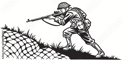 Black and white graphic of a soldier aiming a rifle while climbing an uphill wire obstacle with climbing obstacle military tactical infantry training exercise maneuver silhouette illustration