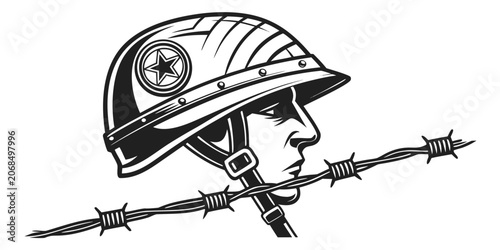 Profile portrait of a soldier wearing a helmet behind barbed wire with conflict military portrait defensive security prisoner tactical illustration vigilance determination strength struggle
