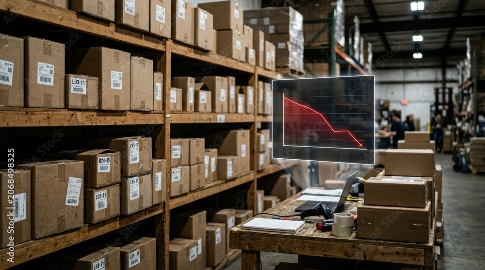Obraz premium Warehouse setting with inventory boxes and digital graph display