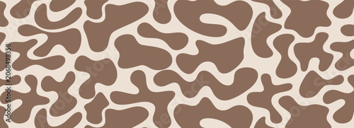 Brown organic blob pattern on cream backdrop. Fluid shapes, waves, amoeba, splashes in seamless repeating texture. Vector groovy design. Template for fabric, boho, coffee, print overlay.