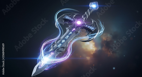 Glowing fantasy sword with purple and blue neon lights futuristic weapon for sci-fi games movies and fantasy art projects shining blade