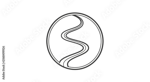 Abstract Winding River Path Inside a Circle, Minimalist Line Art Logo Concept