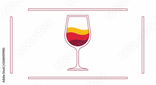 Abstract Wine Glass with Layers of Red and Yellow Liquid, Minimalist Design