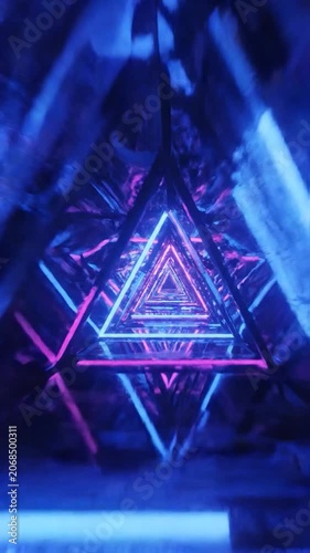 Abstract neon triangle tunnel with blue and purple lights
