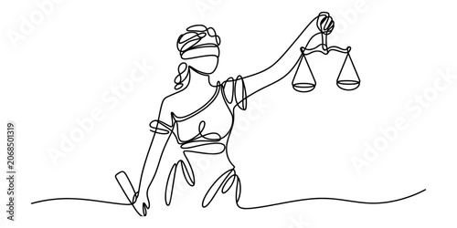 Obraz na płótnie Continuous single line drawing of lady justice holding scales and scroll represe