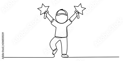 Foto Happy boy holding up two stars in a continuous single line drawing style Vector,