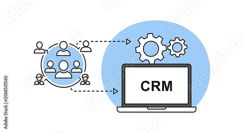 An illustration shows people connecting to a laptop with CRM on the screen.