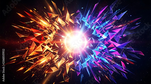 Explosion of light and color, abstract geometric fragmentation, vibrant energy burst