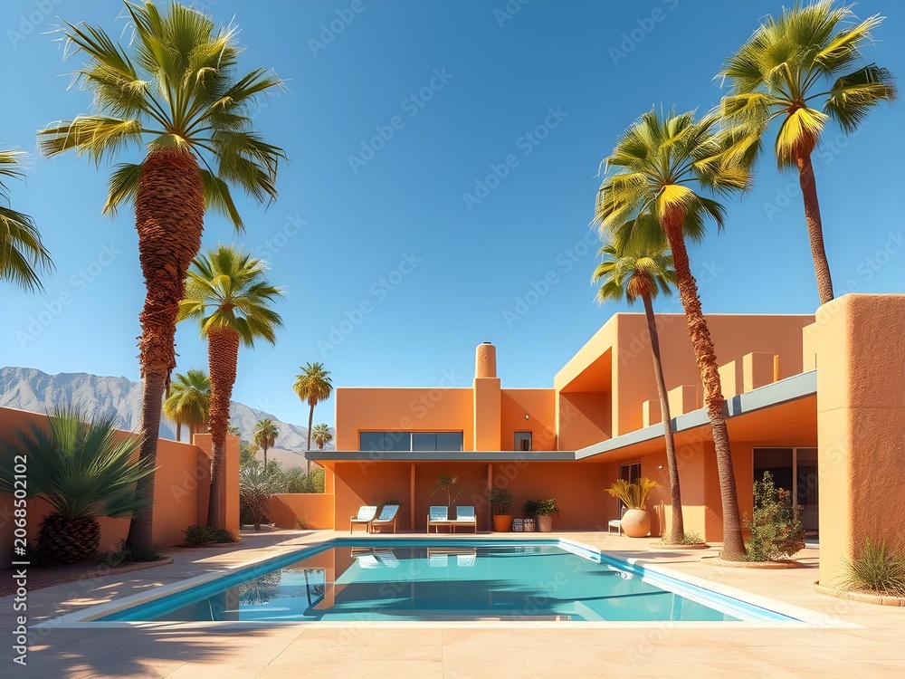 Fototapeta premium sunlit mid-century modern architecture with brown stucco and green palm trees.